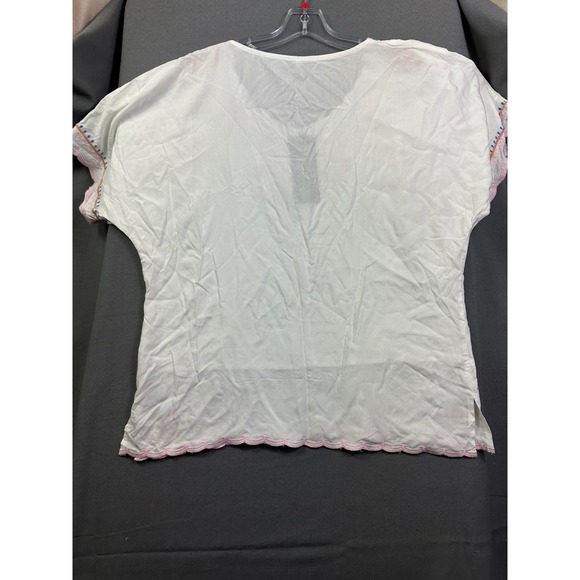 Gracy White Embroidered Floral Boho V-Neck Blouse Short Sleeve Top Women Medium - Picture 6 of 10